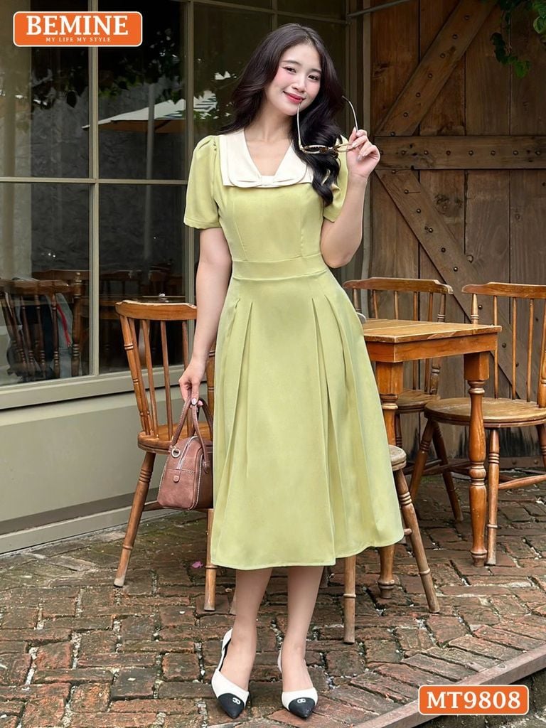 Đầm thiết kế BEMINE cổ phối nơ dáng xòe dài phù hợp đi làm, đi chơi-MT9808