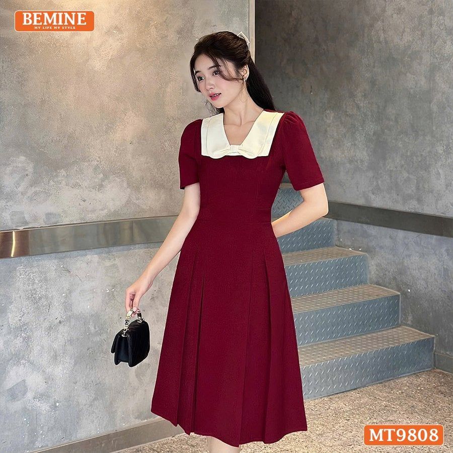Đầm thiết kế BEMINE cổ phối nơ dáng xòe dài phù hợp đi làm, đi chơi-MT9808