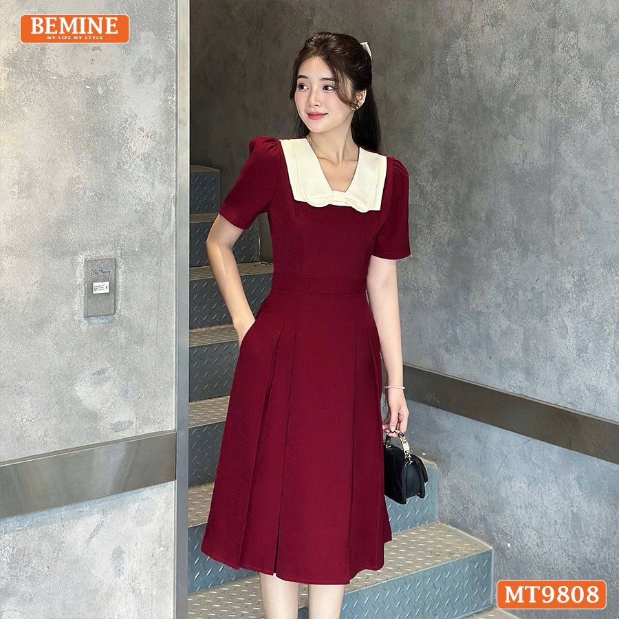 Đầm thiết kế BEMINE cổ phối nơ dáng xòe dài phù hợp đi làm, đi chơi-MT9808