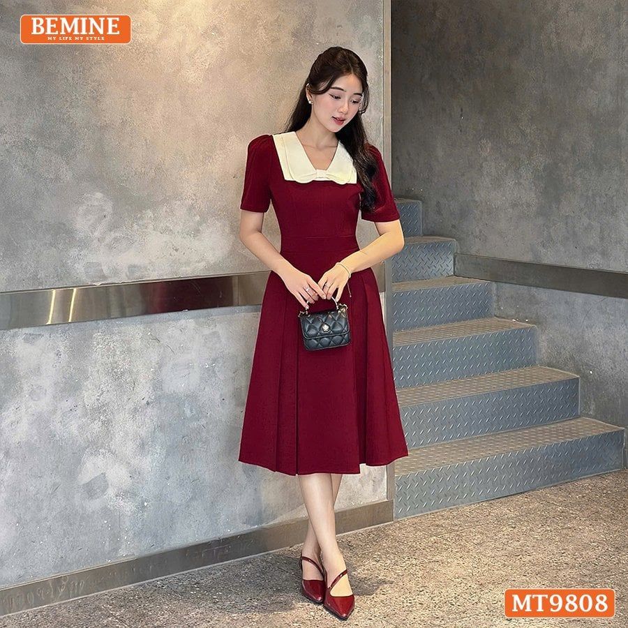 Đầm thiết kế BEMINE cổ phối nơ dáng xòe dài phù hợp đi làm, đi chơi-MT9808