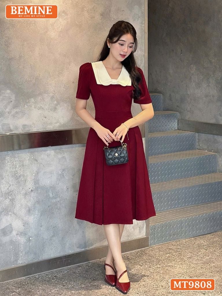 Đầm thiết kế BEMINE cổ phối nơ dáng xòe dài phù hợp đi làm, đi chơi-MT9808