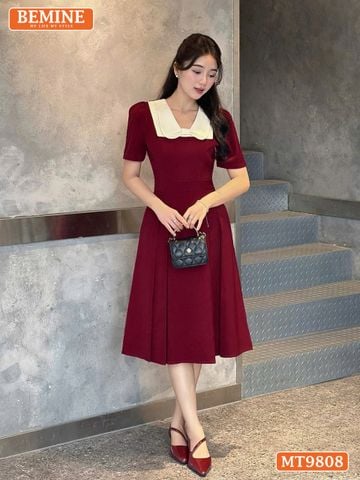 Đầm thiết kế BEMINE cổ phối nơ dáng xòe dài phù hợp đi làm, đi chơi-MT9808