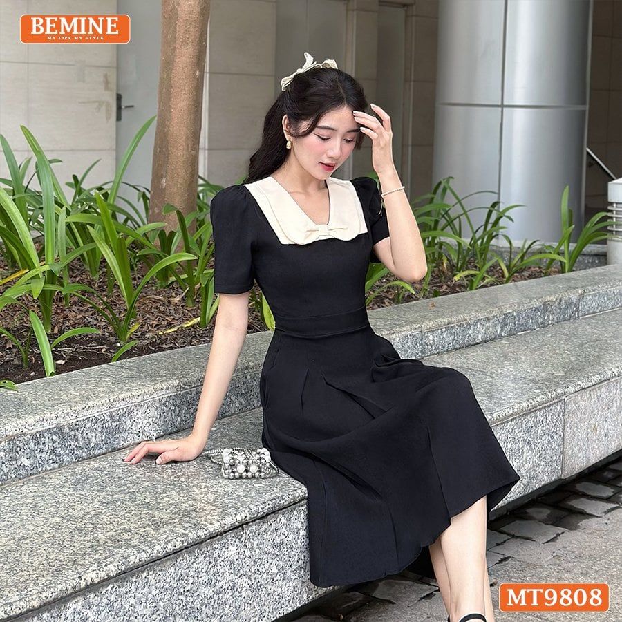 Đầm thiết kế BEMINE cổ phối nơ dáng xòe dài phù hợp đi làm, đi chơi-MT9808