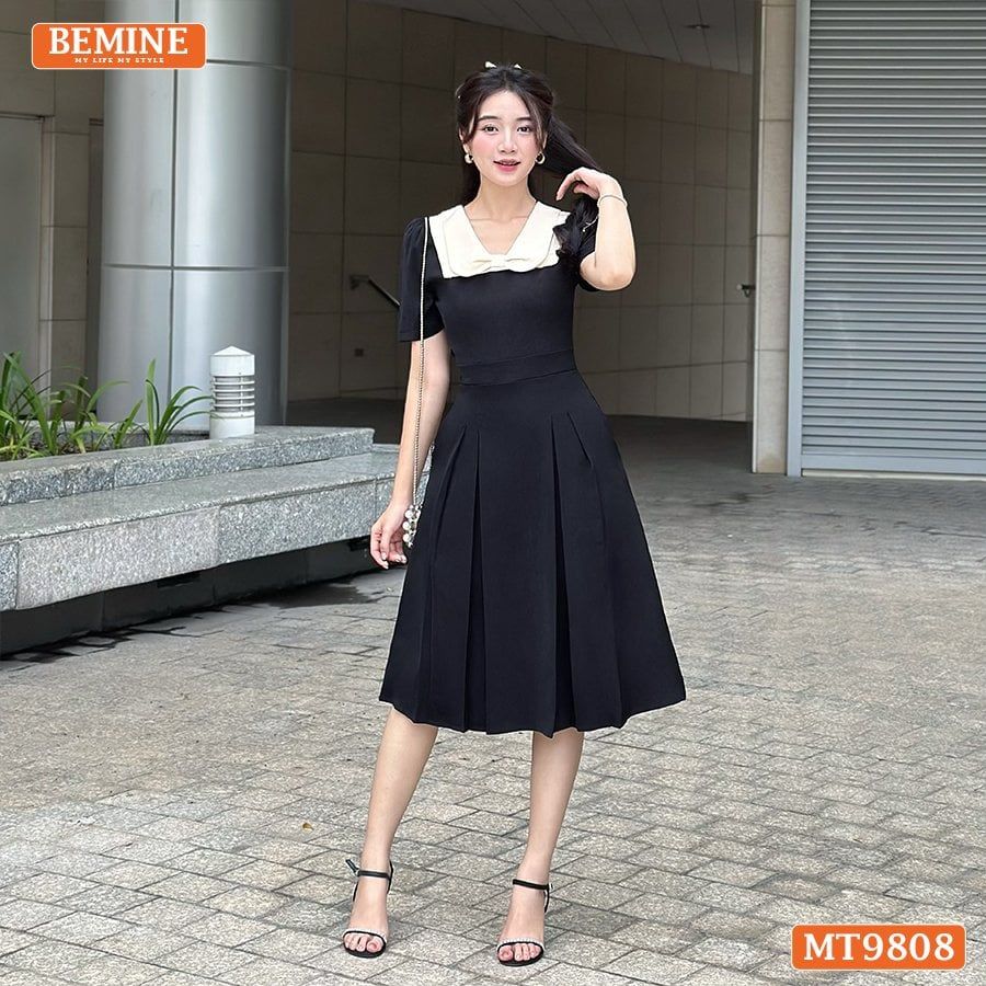 Đầm thiết kế BEMINE cổ phối nơ dáng xòe dài phù hợp đi làm, đi chơi-MT9808