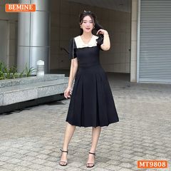 Đầm thiết kế BEMINE cổ phối nơ dáng xòe dài phù hợp đi làm, đi chơi-MT9808
