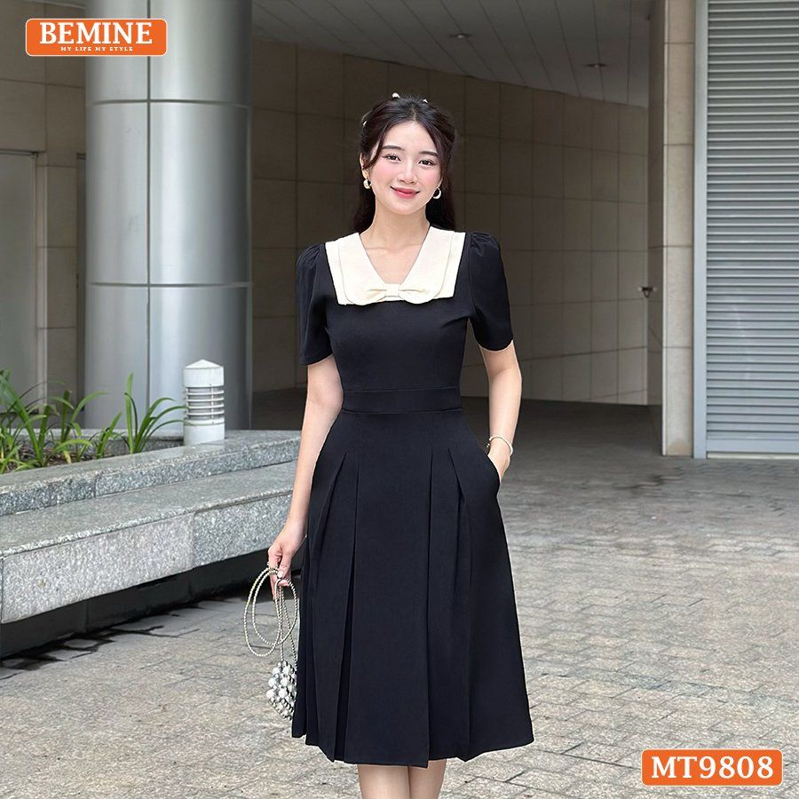Đầm thiết kế BEMINE cổ phối nơ dáng xòe dài phù hợp đi làm, đi chơi-MT9808