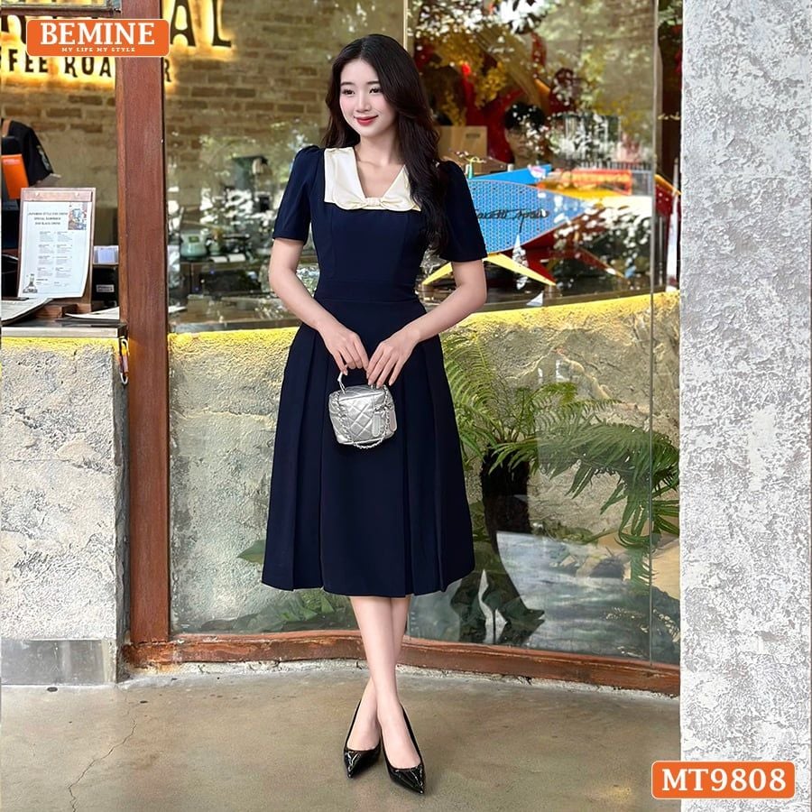 Đầm thiết kế BEMINE cổ phối nơ dáng xòe dài phù hợp đi làm, đi chơi-MT9808