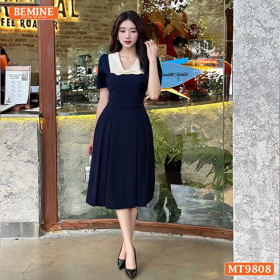 Đầm thiết kế BEMINE cổ phối nơ dáng xòe dài phù hợp đi làm, đi chơi-MT9808