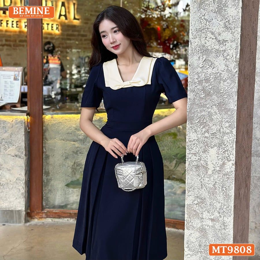 Đầm thiết kế BEMINE cổ phối nơ dáng xòe dài phù hợp đi làm, đi chơi-MT9808