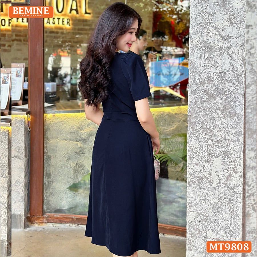 Đầm thiết kế BEMINE cổ phối nơ dáng xòe dài phù hợp đi làm, đi chơi-MT9808