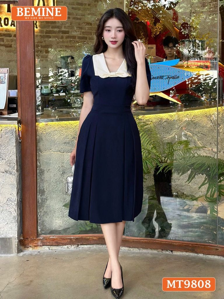 Đầm thiết kế BEMINE cổ phối nơ dáng xòe dài phù hợp đi làm, đi chơi-MT9808