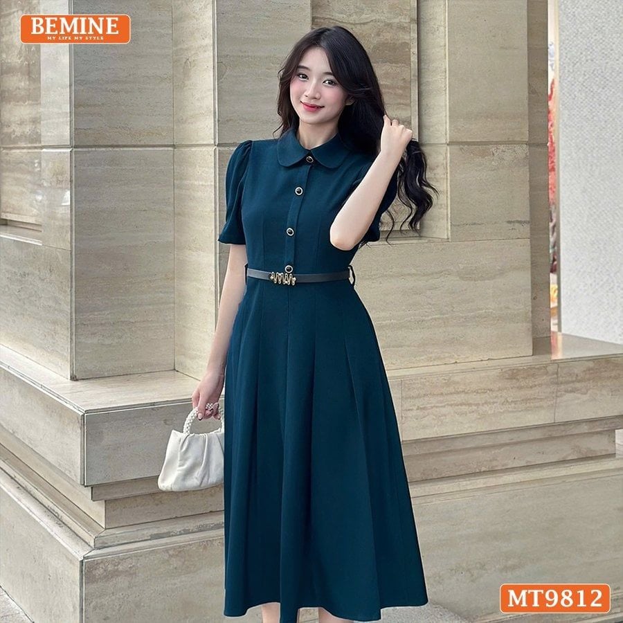 Đầm thiết kế BEMINE cổ đức dáng dài xếp ly có nút phù hợp đi làm, đi chơi-MT9812