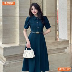 Đầm thiết kế BEMINE cổ đức dáng dài xếp ly có nút phù hợp đi làm, đi chơi-MT9812