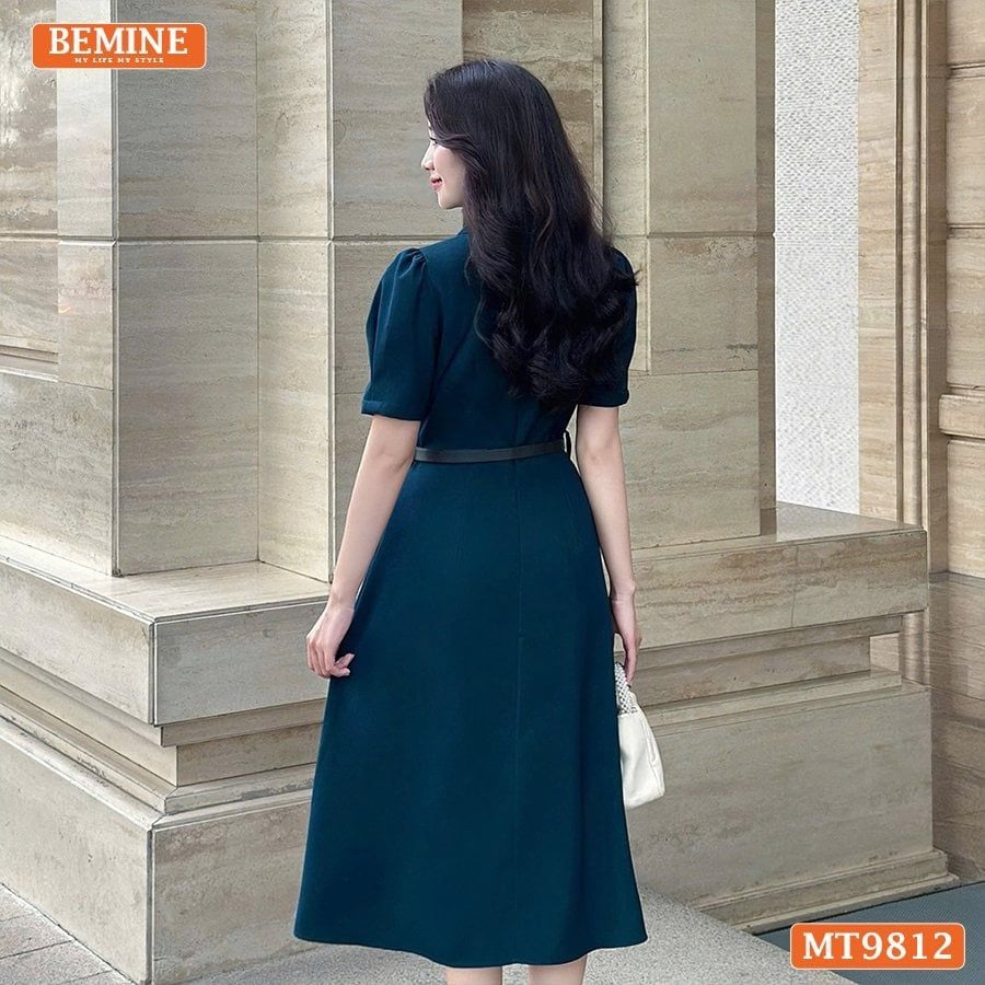 Đầm thiết kế BEMINE cổ đức dáng dài xếp ly có nút phù hợp đi làm, đi chơi-MT9812