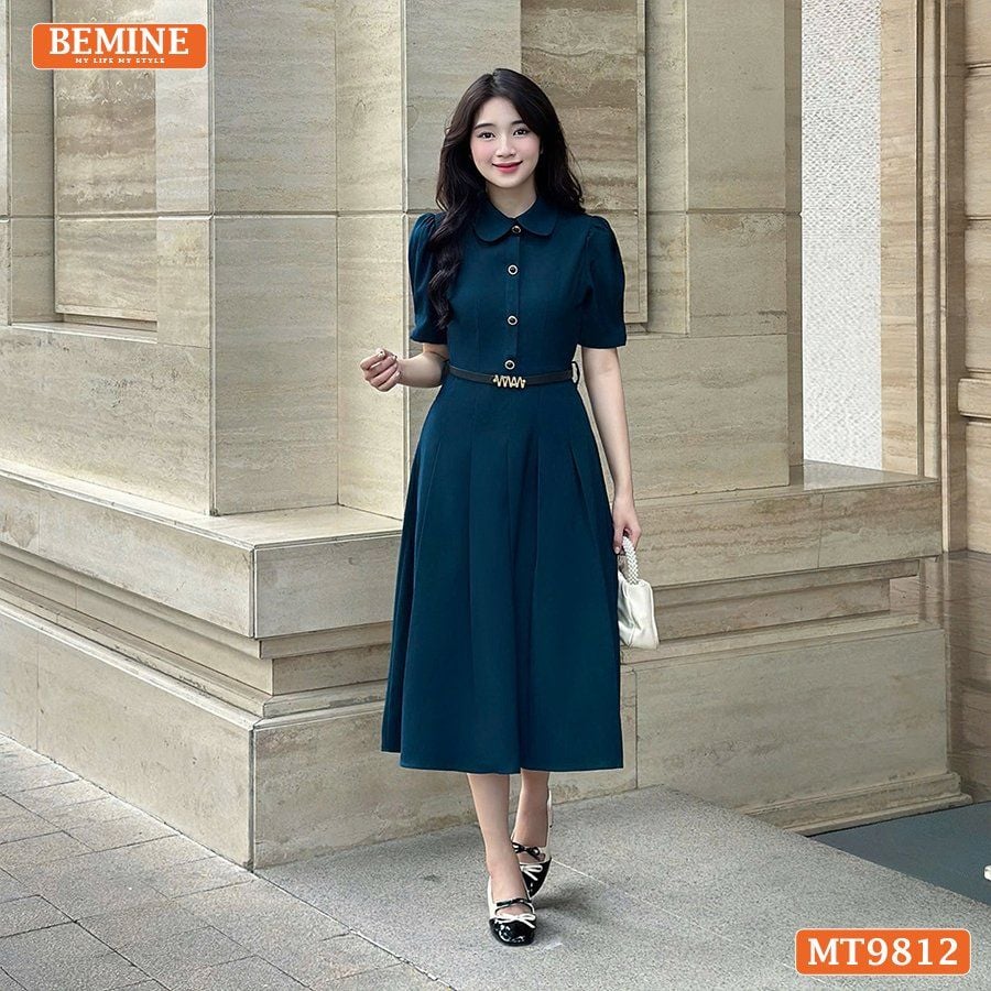 Đầm thiết kế BEMINE cổ đức dáng dài xếp ly có nút phù hợp đi làm, đi chơi-MT9812