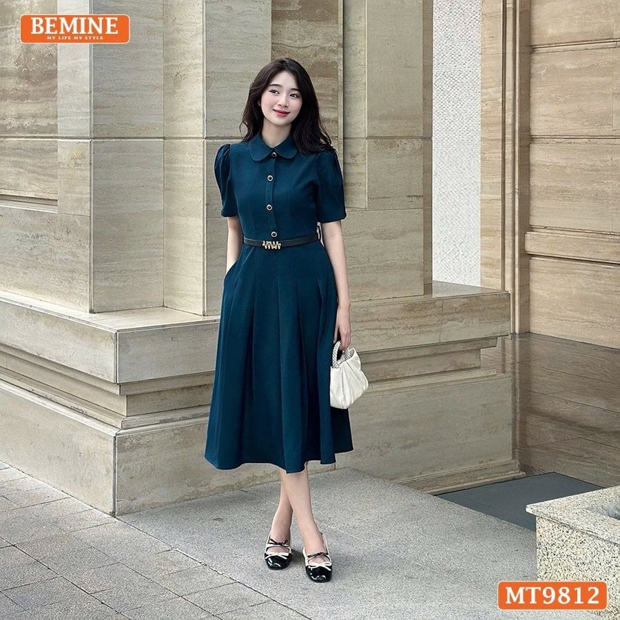 Đầm thiết kế BEMINE cổ đức dáng dài xếp ly có nút phù hợp đi làm, đi chơi-MT9812