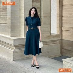 Đầm thiết kế BEMINE cổ đức dáng dài xếp ly có nút phù hợp đi làm, đi chơi-MT9812