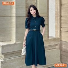 Đầm thiết kế BEMINE cổ đức dáng dài xếp ly có nút phù hợp đi làm, đi chơi-MT9812