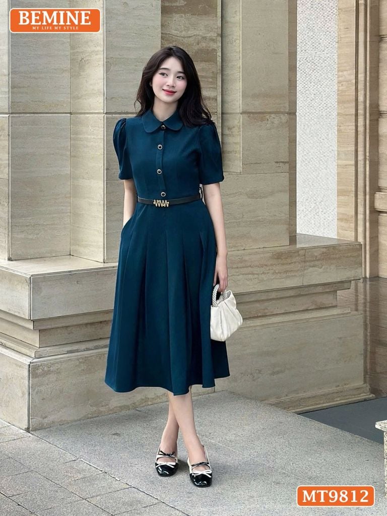 Đầm thiết kế BEMINE cổ đức dáng dài xếp ly có nút phù hợp đi làm, đi chơi-MT9812