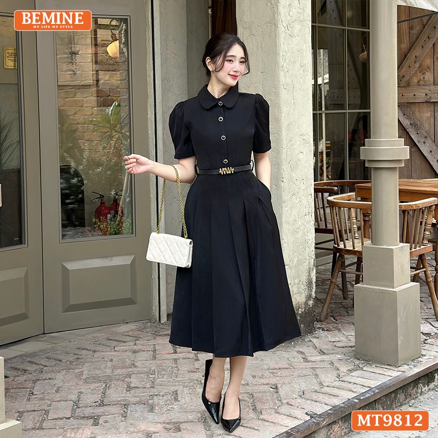 Đầm thiết kế BEMINE cổ đức dáng dài xếp ly có nút phù hợp đi làm, đi chơi-MT9812