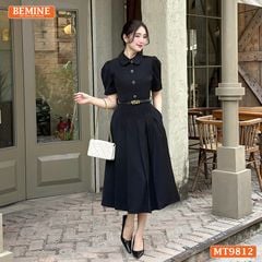 Đầm thiết kế BEMINE cổ đức dáng dài xếp ly có nút phù hợp đi làm, đi chơi-MT9812
