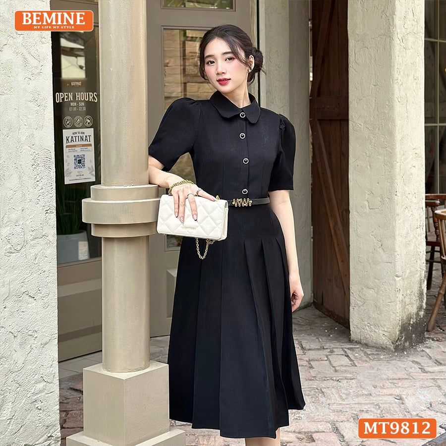 Đầm thiết kế BEMINE cổ đức dáng dài xếp ly có nút phù hợp đi làm, đi chơi-MT9812