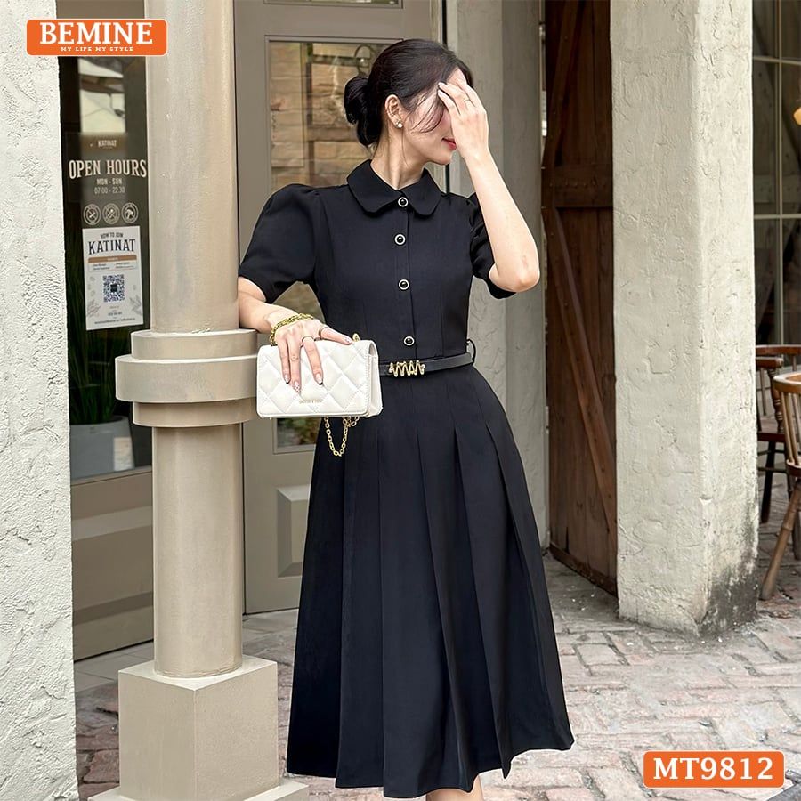 Đầm thiết kế BEMINE cổ đức dáng dài xếp ly có nút phù hợp đi làm, đi chơi-MT9812