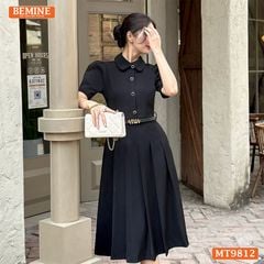 Đầm thiết kế BEMINE cổ đức dáng dài xếp ly có nút phù hợp đi làm, đi chơi-MT9812