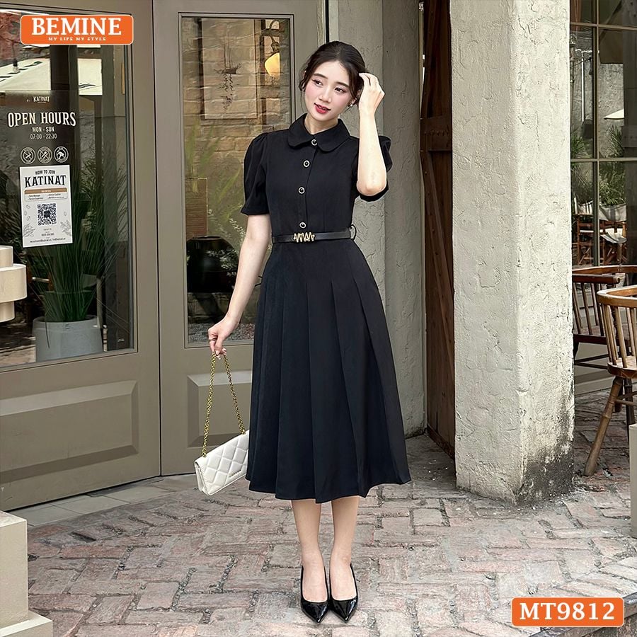 Đầm thiết kế BEMINE cổ đức dáng dài xếp ly có nút phù hợp đi làm, đi chơi-MT9812