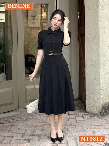 Đầm thiết kế BEMINE cổ đức dáng dài xếp ly có nút phù hợp đi làm, đi chơi-MT9812