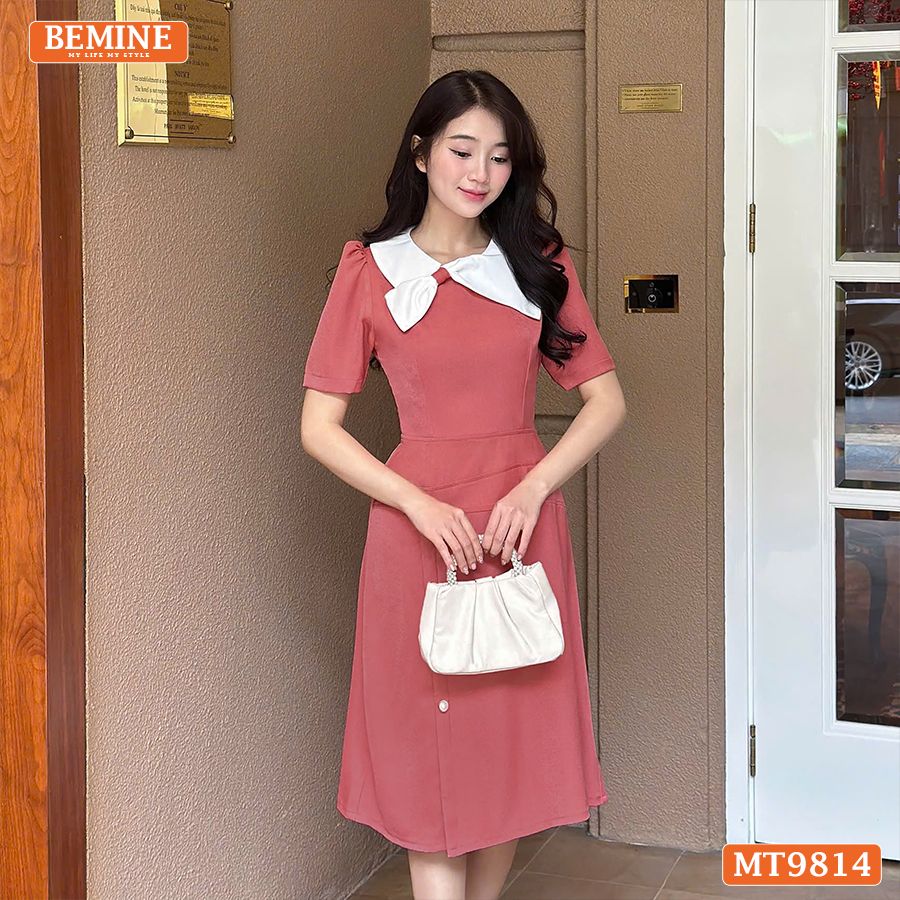 Đầm thiết kế BEMINE cổ tròn phối nơ kiểu dáng A eo xếp ly phù hợp đi làm, đi dạo phố-MT9814