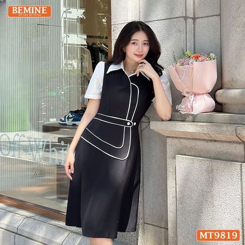 Đầm thiết kế BEMINE cổ sơ mi dáng A vạt kiểu có viền phù hợp đi làm, đi dạo phố-MT9819
