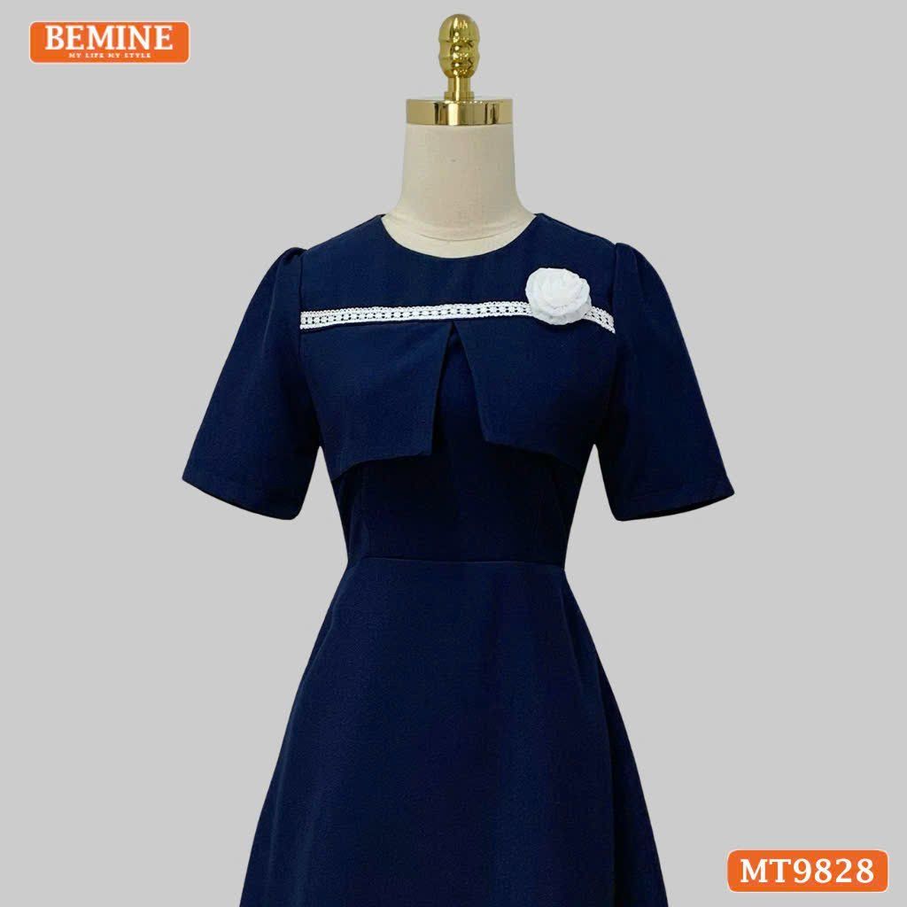 Đầm thiết kế BEMINE cổ tròn dáng A nắp túi ngực viền ren phù hợp đi làm, đi dạo phố-MT9828