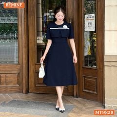 Đầm thiết kế BEMINE cổ tròn dáng A nắp túi ngực viền ren phù hợp đi làm, đi dạo phố-MT9828