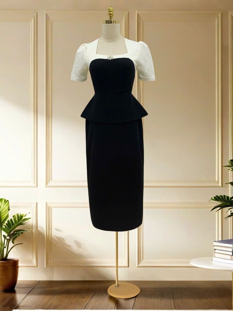 Đầm thiết kế BEMINE cổ vuông phối gấm peplum dáng liền bút chì phù hợp đi làm, đi chơi và đi tiệc-MT9858