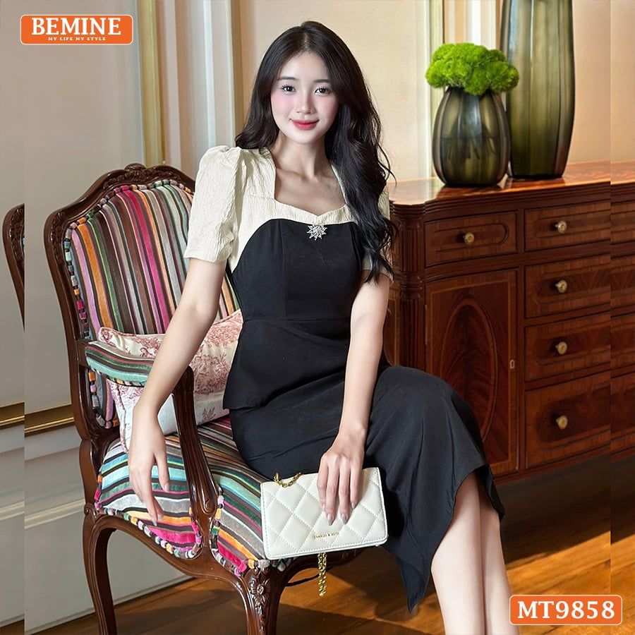 Đầm thiết kế BEMINE cổ vuông phối gấm peplum dáng liền bút chì phù hợp đi làm, đi chơi và đi tiệc-MT9858