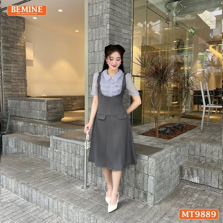 Đầm thiết kế BEMINE cổ đức ngực phối tơ nhún bèo dáng A phù hợp đi làm, đi chơi-MT9889