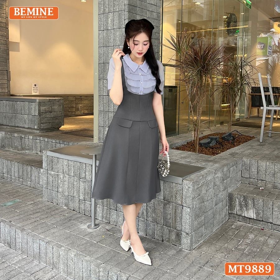 Đầm thiết kế BEMINE cổ đức ngực phối tơ nhún bèo dáng A phù hợp đi làm, đi chơi-MT9889