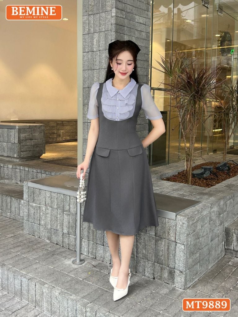 Đầm thiết kế BEMINE cổ đức ngực phối tơ nhún bèo dáng A phù hợp đi làm, đi chơi-MT9889