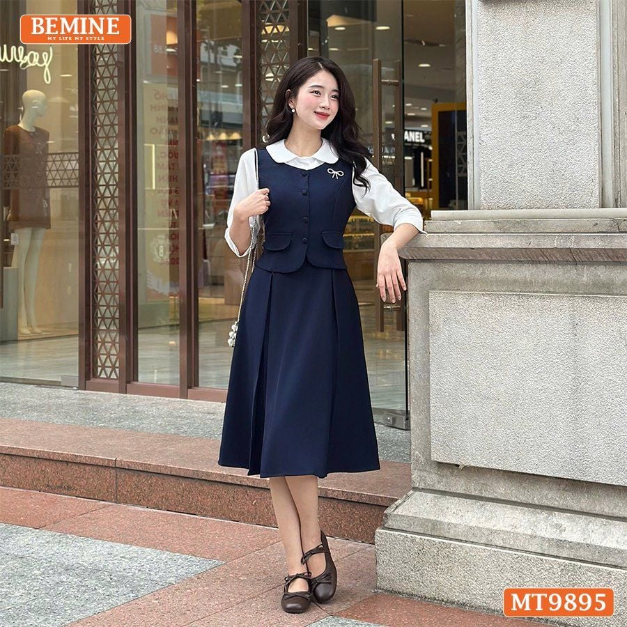 Đầm thiết kế BEMINE cổ sen dáng A phối tay dài đính nút phù hợp đi làm, đi chơi-MT9895