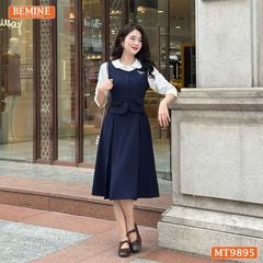 Đầm thiết kế BEMINE cổ sen dáng A phối tay dài đính nút phù hợp đi làm, đi chơi-MT9895
