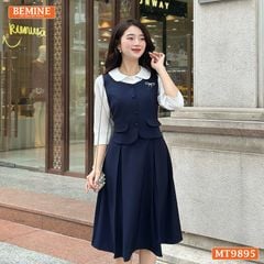 Đầm thiết kế BEMINE cổ sen dáng A phối tay dài đính nút phù hợp đi làm, đi chơi-MT9895