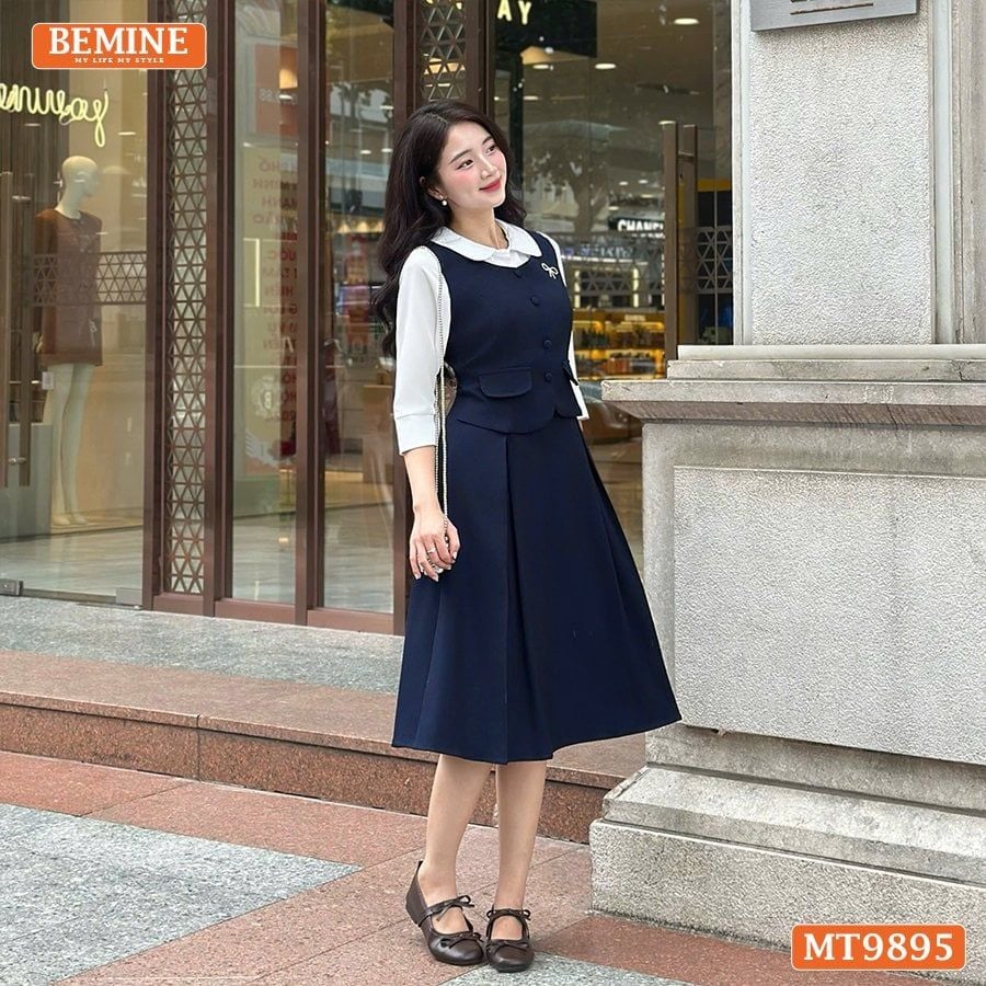 Đầm thiết kế BEMINE cổ sen dáng A phối tay dài đính nút phù hợp đi làm, đi chơi-MT9895