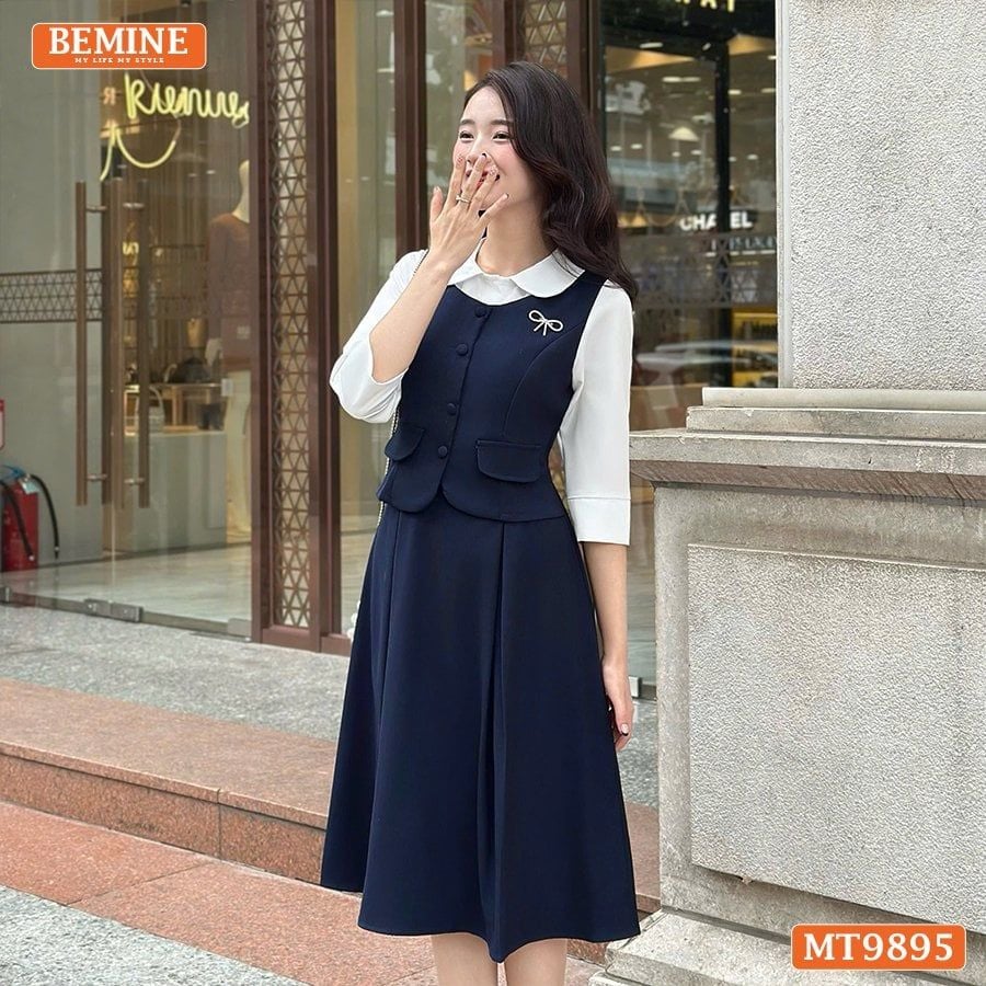 Đầm thiết kế BEMINE cổ sen dáng A phối tay dài đính nút phù hợp đi làm, đi chơi-MT9895