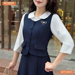Đầm thiết kế BEMINE cổ sen dáng A phối tay dài đính nút phù hợp đi làm, đi chơi-MT9895