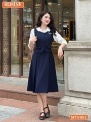 Đầm thiết kế BEMINE cổ sen dáng A phối tay dài đính nút phù hợp đi làm, đi chơi-MT9895