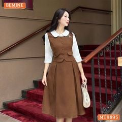 Đầm thiết kế BEMINE cổ sen dáng A phối tay dài đính nút phù hợp đi làm, đi chơi-MT9895