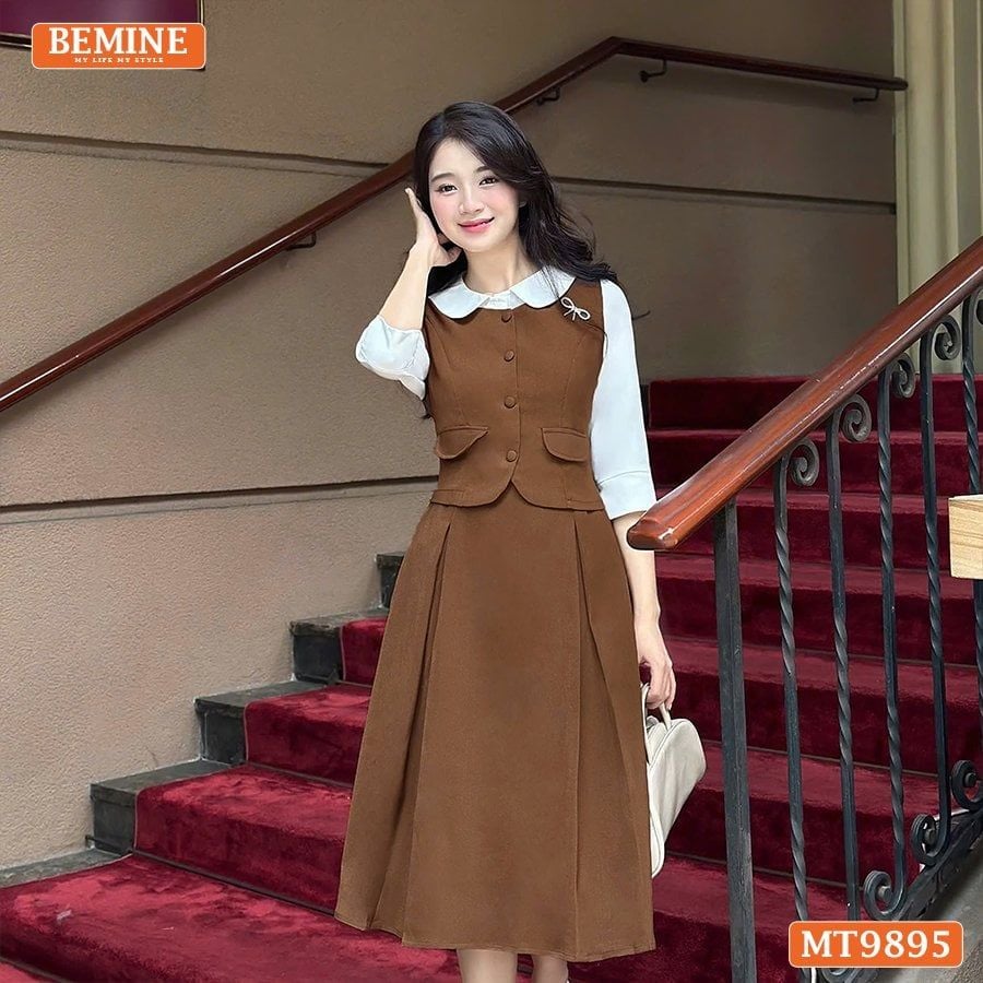 Đầm thiết kế BEMINE cổ sen dáng A phối tay dài đính nút phù hợp đi làm, đi chơi-MT9895
