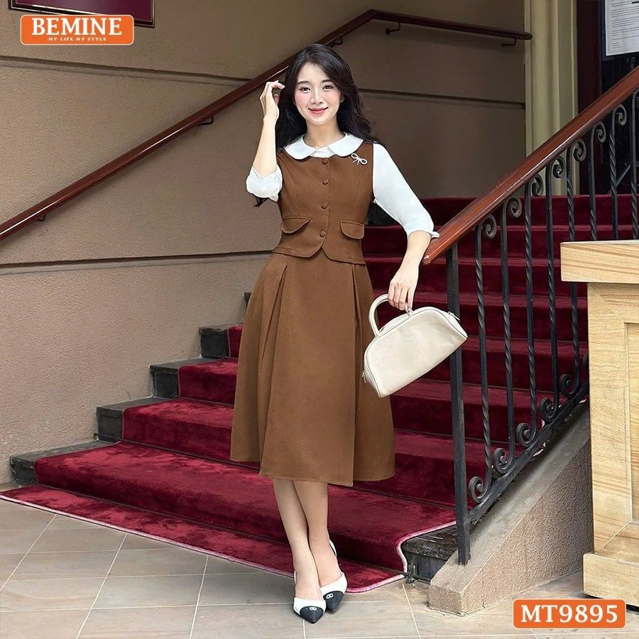 Đầm thiết kế BEMINE cổ sen dáng A phối tay dài đính nút phù hợp đi làm, đi chơi-MT9895