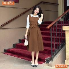 Đầm thiết kế BEMINE cổ sen dáng A phối tay dài đính nút phù hợp đi làm, đi chơi-MT9895